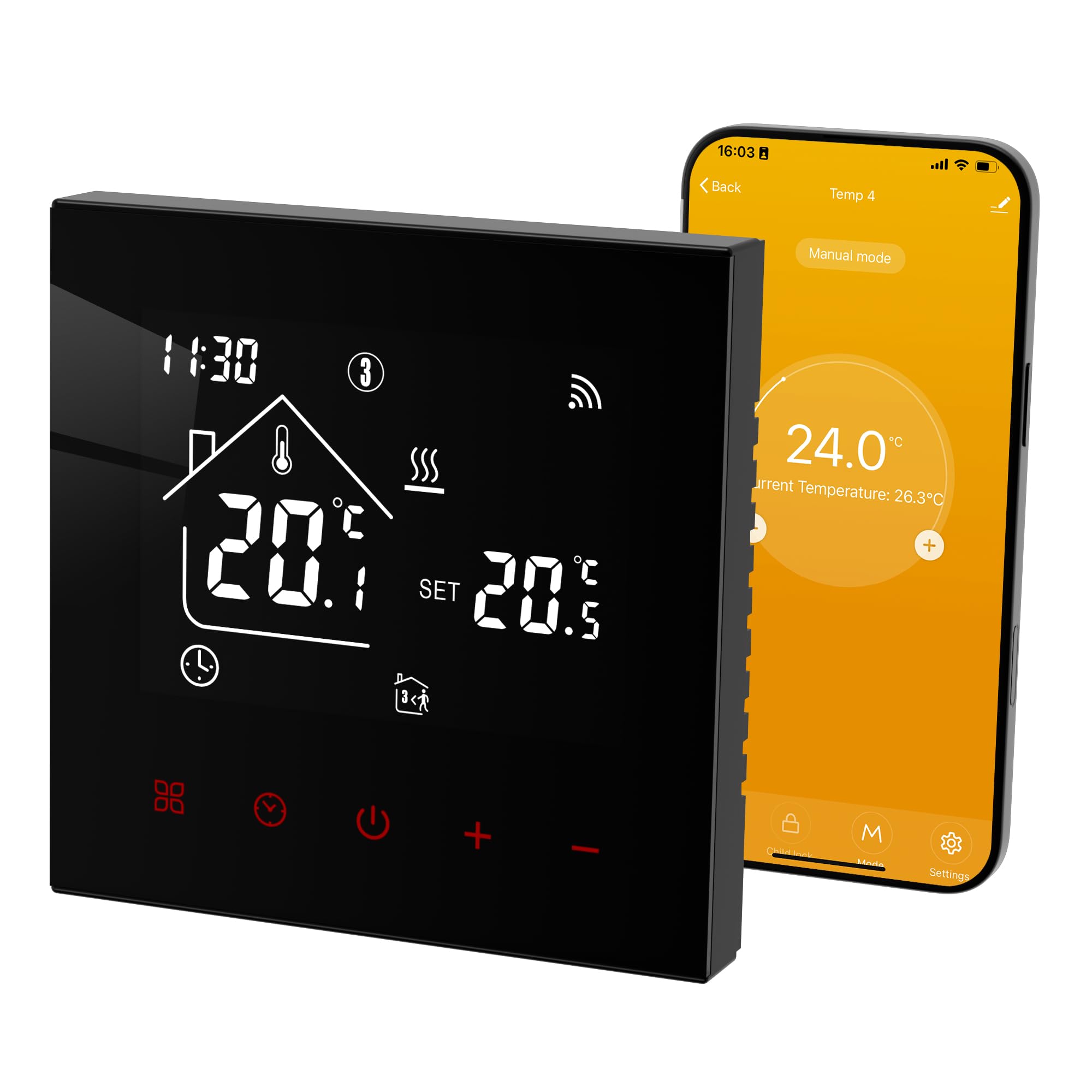 Beok Wifi Thermostat for Electric Underfloor Heating, Tuya Smart Room Heating Thermostat, Digital Programmable 16A with External Sensors,Touchscreen, TDR89B-WIFI-EP Black 220V