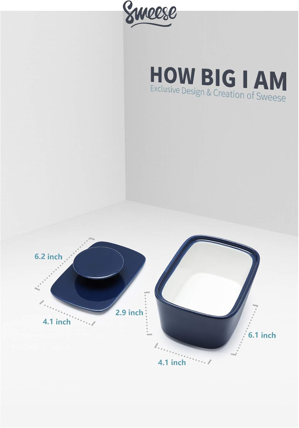 Nеw Prоduсt Sweese 321.103 Large Butter Dish with Lid, Porcelain Butter Keeper Container - Perfect for East Coast, West Coast Butter and Kerrygold Butter - Navy