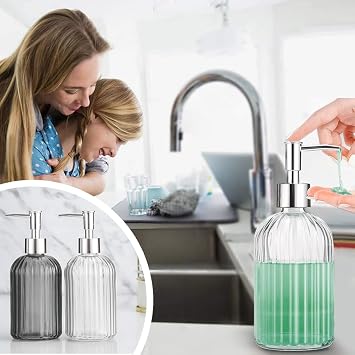 2 Pack Glass Soap Dispenser Bottle with Pump,14 Oz Clear Glass Jar Soap Liquid Hand Soap Dispenser, Refillable Liquid Hand Jar Dispenser for Bathroom, Countertop, Kitchen, Laundry Room (Transparent)