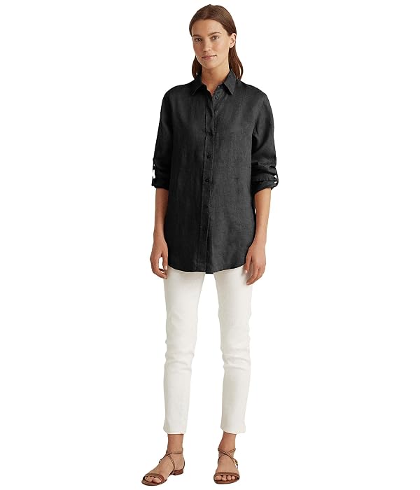 LAUREN Ralph Lauren Roll-Tab-Sleeve Linen Shirt Polo Black XL by LAUREN Ralph Lauren - Used condition - US$67.00