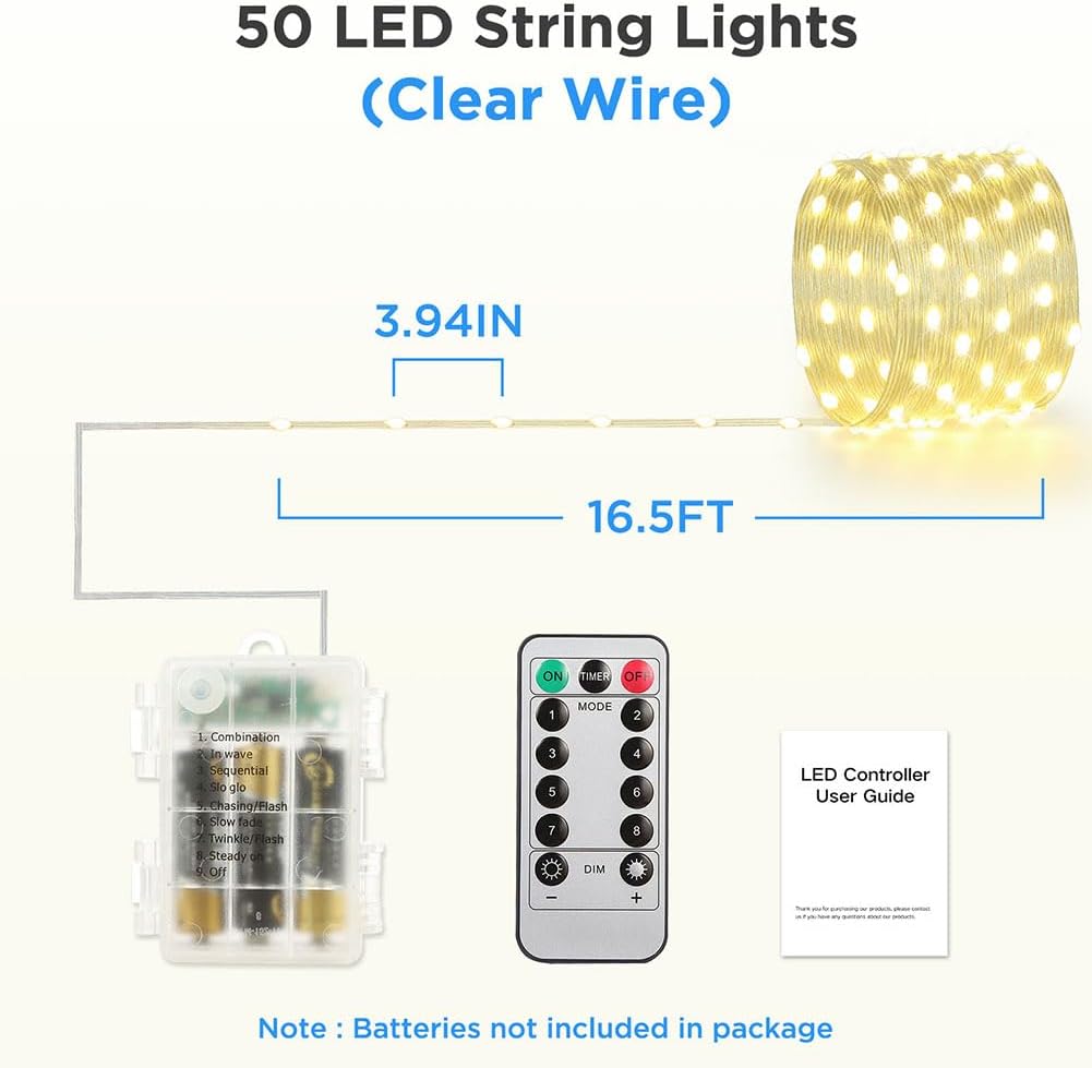 16.5ft Battery Operated String Lights (4 Pack), 50 LED Fairy String Lights Battery Powered with Remote & Timer for Indoor Outdoor Christmas Trees Wreath Decoration Bedroom Patio - Warm White