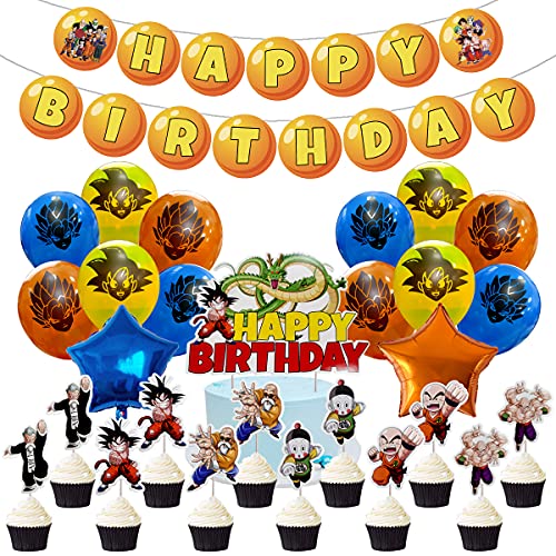 Dragon Ball Z Birthday Party Supplies, Party Set Include Happy Birthday Banner - Cake & Cupcake Toppers - 2Pcs aluminum balloons - 18 Latex Balloons for Children Dragon Ball Z Theme Birthday Decoration.