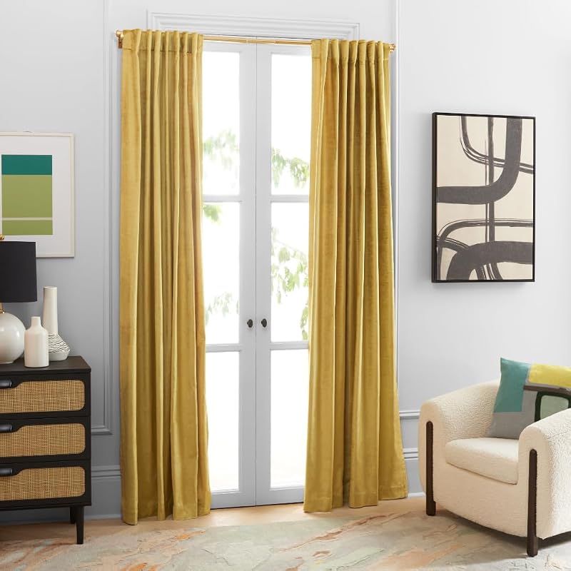 SAFAVIEH Home Collection Rosedale - Cortina opaca de terciopelo amarillo de 52.0 x 97.6 in, con pestaña superior para tratamiento de sala de estar y dormitorio (individual)