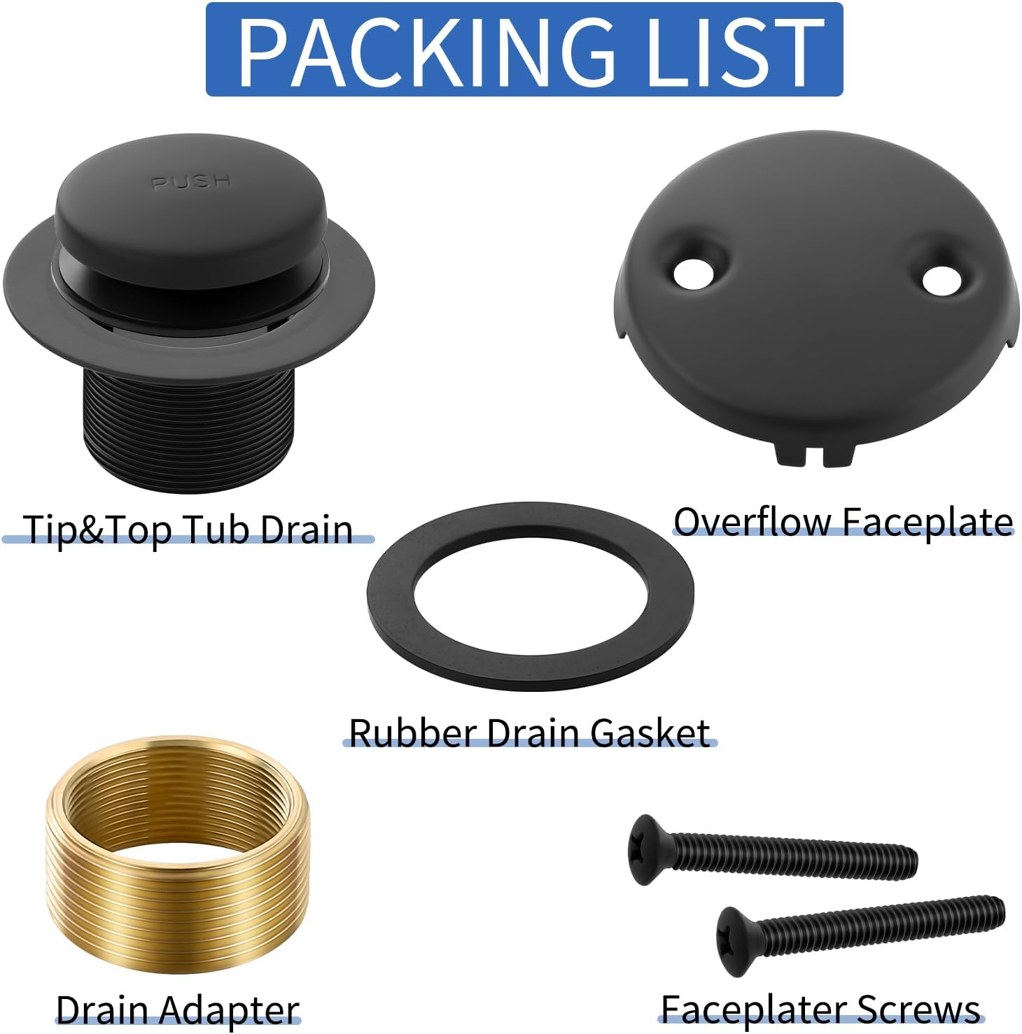 Matte Black Bathtub Drain Tip-Toe Tub Trim Set with Two-Hole Overflow Faceplate Bathroom Tub Drains Replacement Conversion Tub Drain Kit Assembly with Universal Fine & Coarse Thread