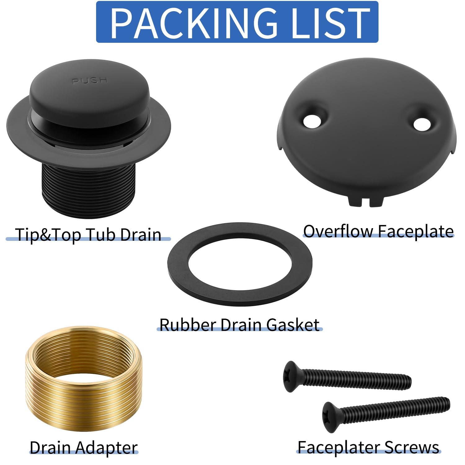 Juego de desagüe de bañera negro mate con placa frontal de desbordamiento de dos agujeros, kit de drenaje de bañera de repuesto con tapón desague y rosca fina y gruesa universal