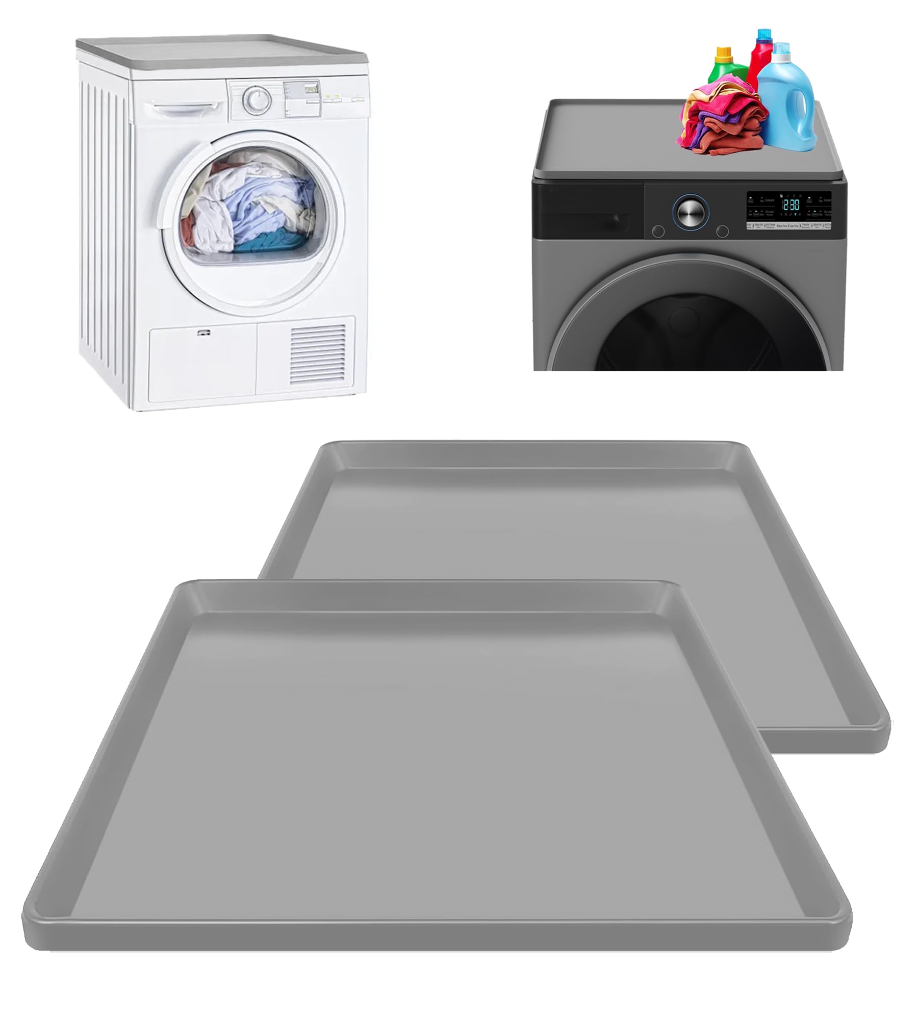 Refrigerator Floor Protector, 24" x 24" x 0.8" Mini Fridge Silicone Mat, Under Refrigerators Mat with Raised Edge, Laundry Guards for Washer and Dryer, Large Drip Tray, 2 Pack, Grey