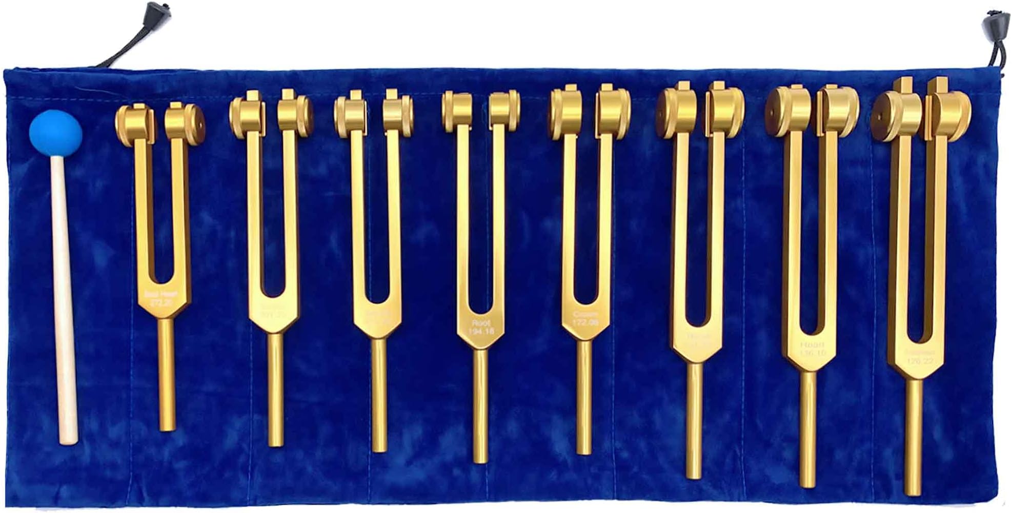 Chakra Tuning Forks Set for Healing, 7 Chakra+1 Soul Purpose Weighted Tuning Forks with Rubber Mallet,Velvet Storage bag, Aluminum Alloy, Golden,(126.22 Hz, 136.1 Hz, 141.27 Hz, 172.06 Hz etc)