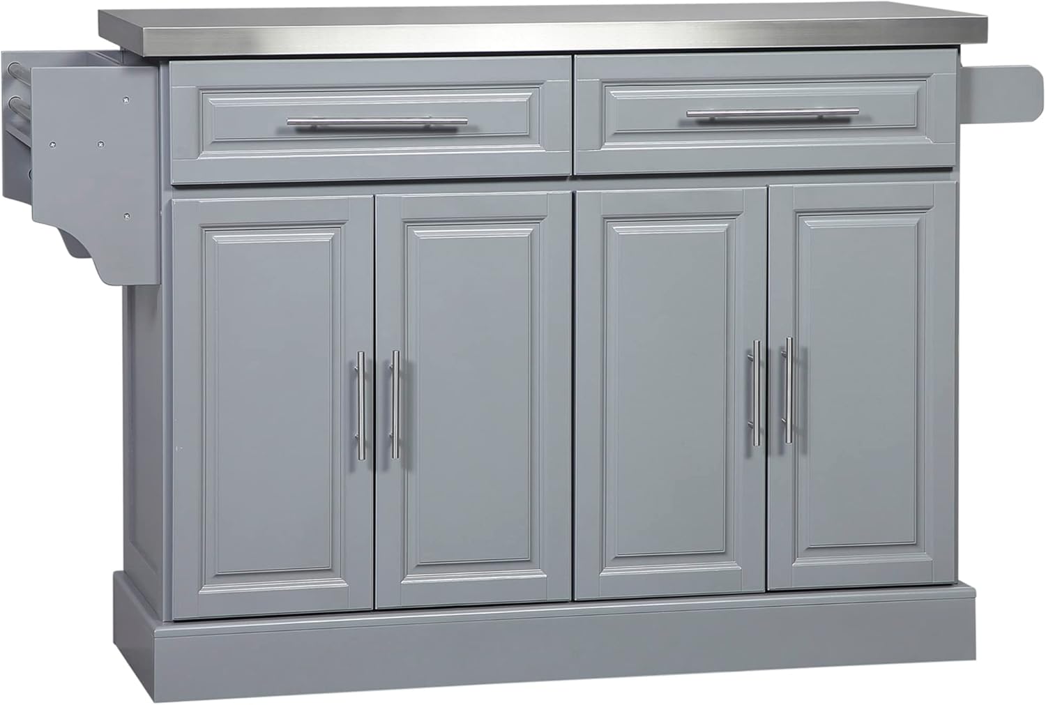 Rolling Kitchen Island with Storage, Portable Kitchen Cart with Stainless Steel Top, 2 Drawers, Spice, Knife and Towel Rack and Cabinets, Gray