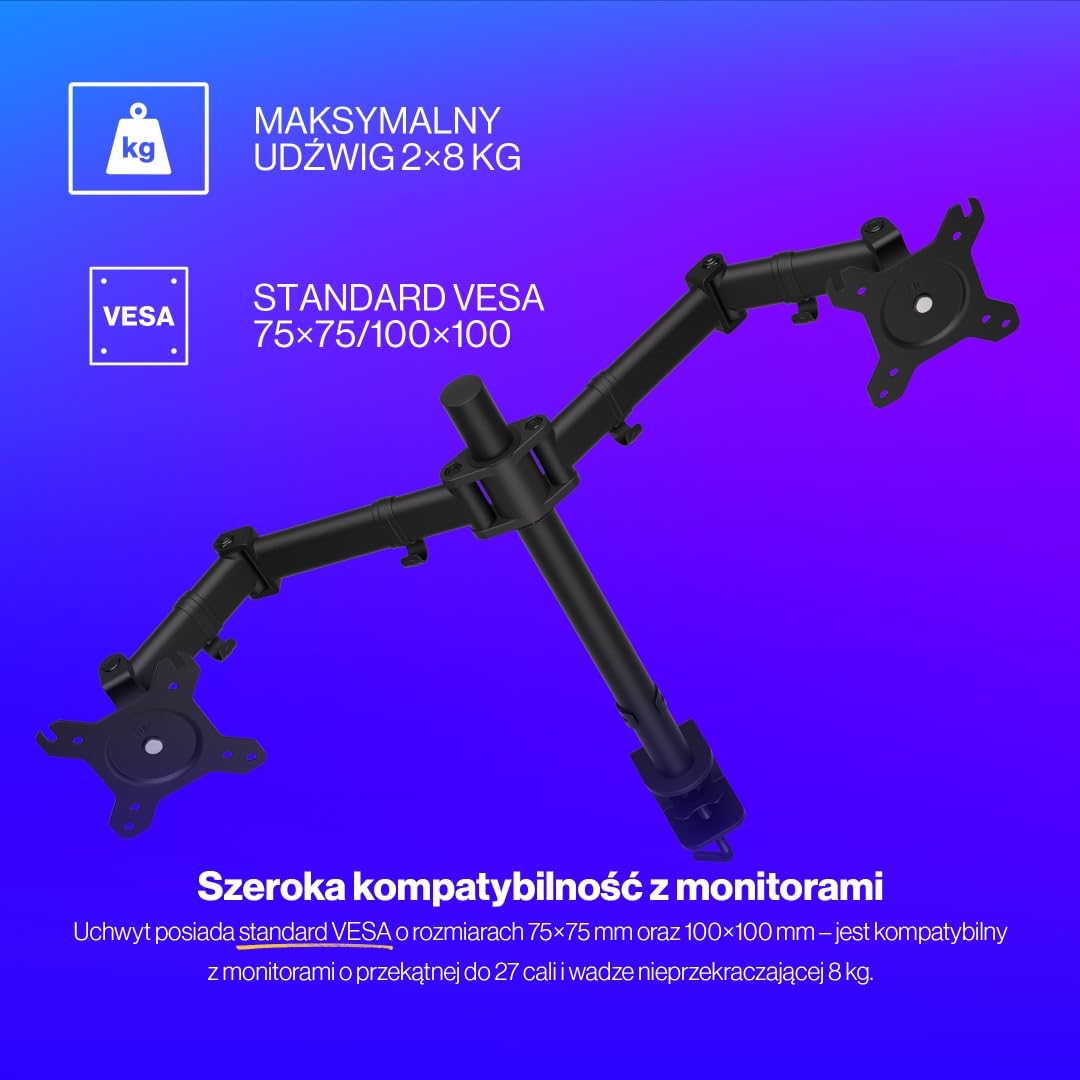 ENDORFY Atlas Double, wytrzymały uchwyt na dwa monitory do 27 cali każdy, łatwy montaż | EY8F003