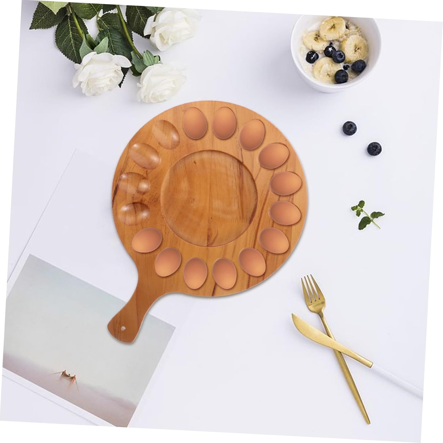 Wooden Egg Tray Reversible Serving Platter Deviled Egg Holder Fridge Rack Countertop Storage Box