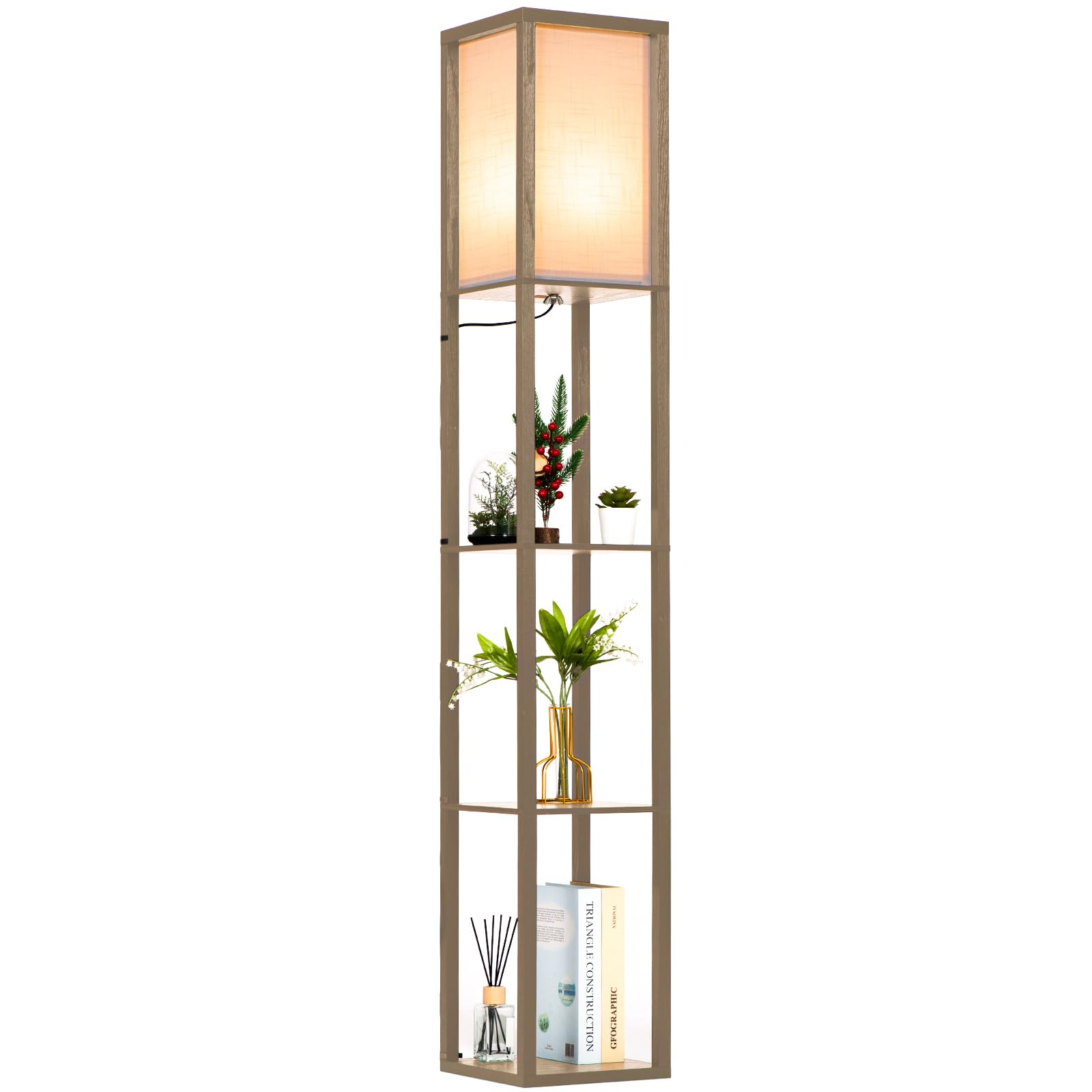 Ledivion Floor Lamp with Shelves, 3 Layers Wooden Shelf Lamp, Morden Tall Standing Lamp, Floor Lamps for Living Room, Bedroom, Office, Home Decoration, Includes 9w LED Bulb (2700K Warm White)