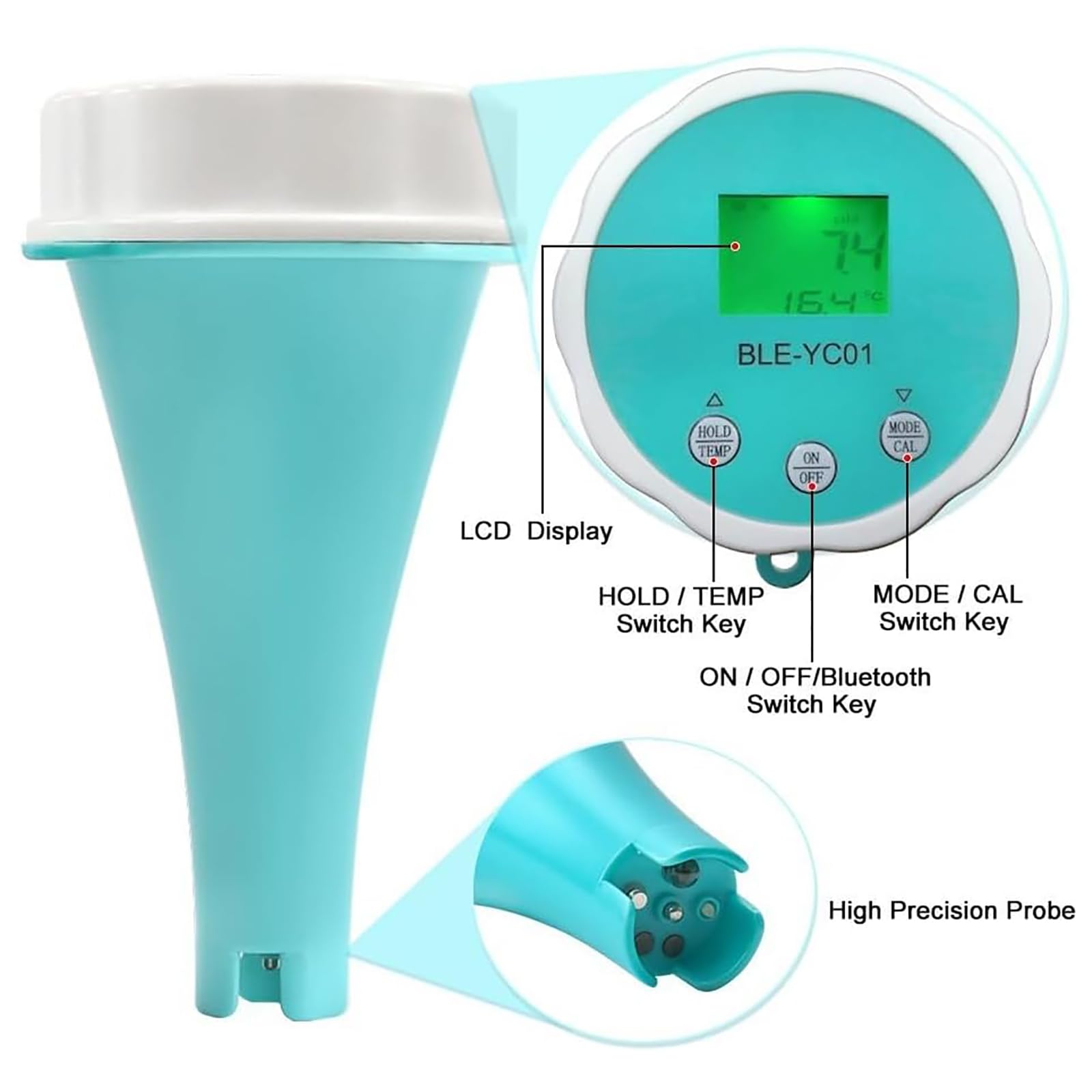 Pool Wassertester 6-in-1 Wasserqualitätstester LCD-Display IP67 PH Chlor EC TDS ORP Temperatur Bluetooth App