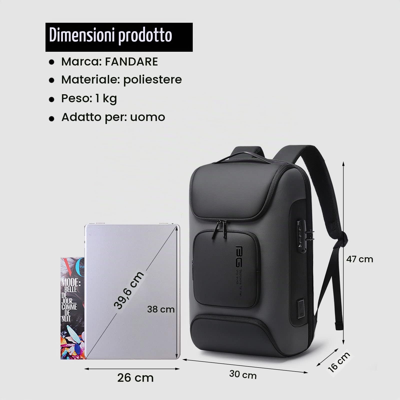 FANDARE Antifurto Zaino Ufficio Uomo Porta PC e USB - Borsa Impermeabile per Business Viaggio Lavoro Scuola - Grigio