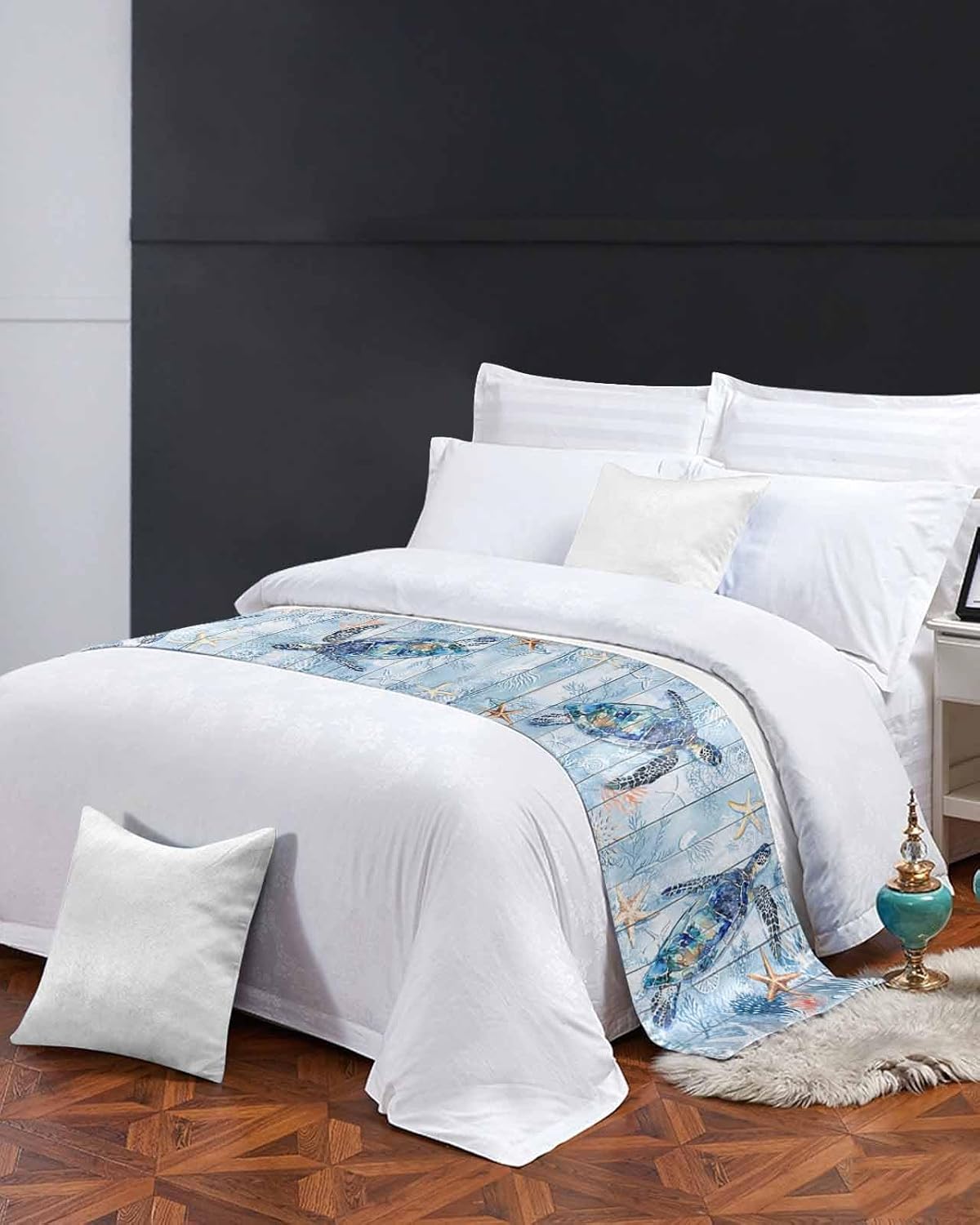 Yukro Bed Runner Scarf, Blue Turtle Summer Ocean Beach Starfish Coral Wood Board Full Bed Scarf Runner, No Fading Decorative Bedding Scarf for Bedroom Hotels Homes and Guestrooms