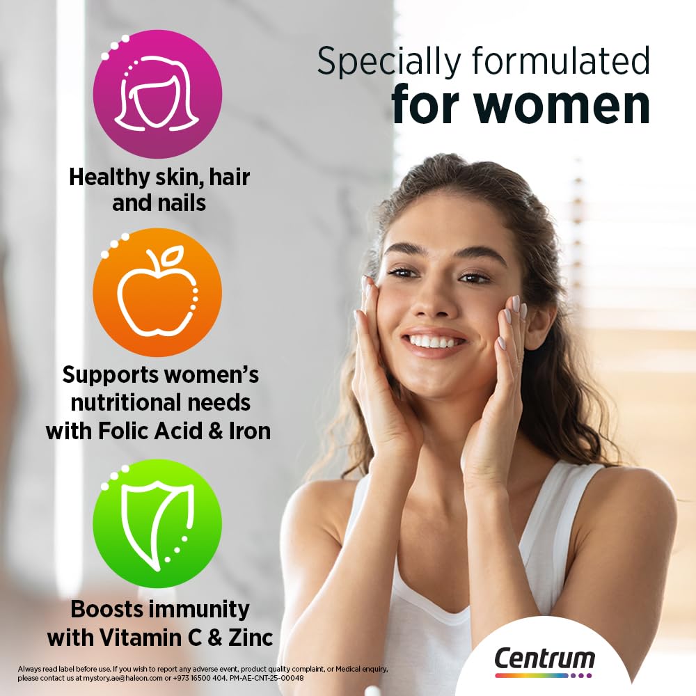 Centrum Women Multivitamin 100 Tablets - Complete Daily Vitamins & Minerals Tailored for Women with Iron, Folic Acid, Calcium & Biotin for Energy, Bones, Skin and Hair - 100-Day Supply