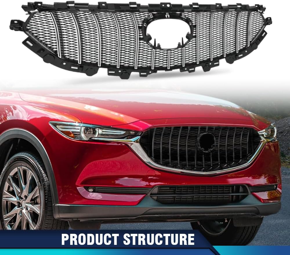PIT66 Front Upper Grille Mesh Grill Vent Trim Bar Compatible with Mazda CX-5 CX5 2017 2018 2019 2020 2021