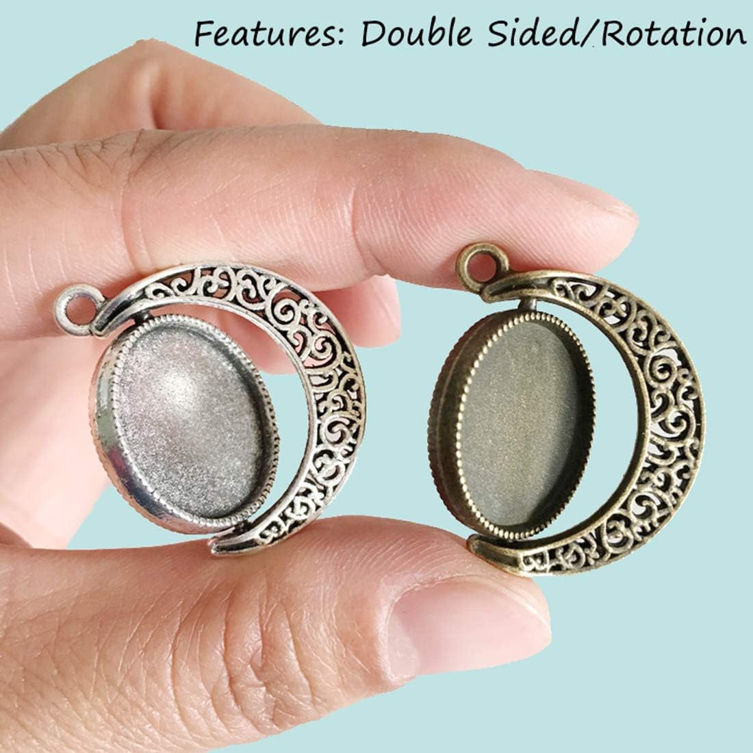 LANBEIDE 20PCS Moon Rotation Double Sided Round Bezel Blank 18mm Pendant Trays, with 40 Pieces Cabochons Settings Trays for Jewelry Making DIY Findings(Silver, Antique Bronze)