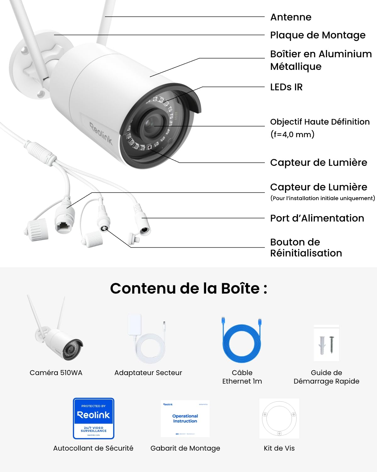 Reolink 5MP Caméra de Surveillance Extérieure WiFi, Caméra IP WiFi 2,4GHz/5GHz, Détection de Personne/Véhicule/Animal, Vision Nocturne Etanche IP67, Fente pour Carte microSD, Time-Lapse, RLC-510WA
