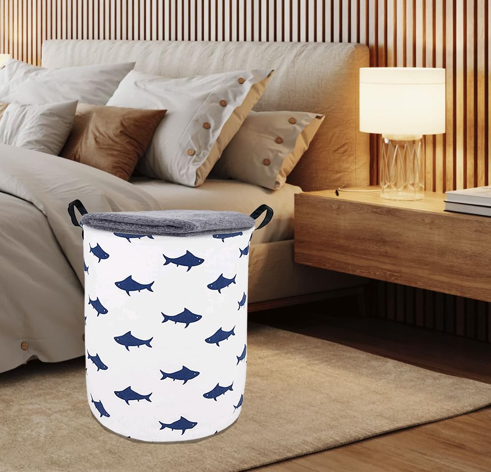 Runder Wäschekorb mit Haifisch-Muster, Aufbewahrungskorb, Stoffmaterial, Aufbewahrungskorb, Aufbewahrungskorb, Geschenkbox, mit Griffen für Zimmer