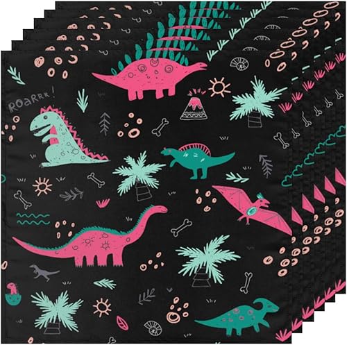 Miniatura 6 de Juego de 4 servilletas de tela de dinosaurios coloridos de 20 x 20 pulgadas, lindos dinosaurios de dibujos animados, lavables, reutilizables,