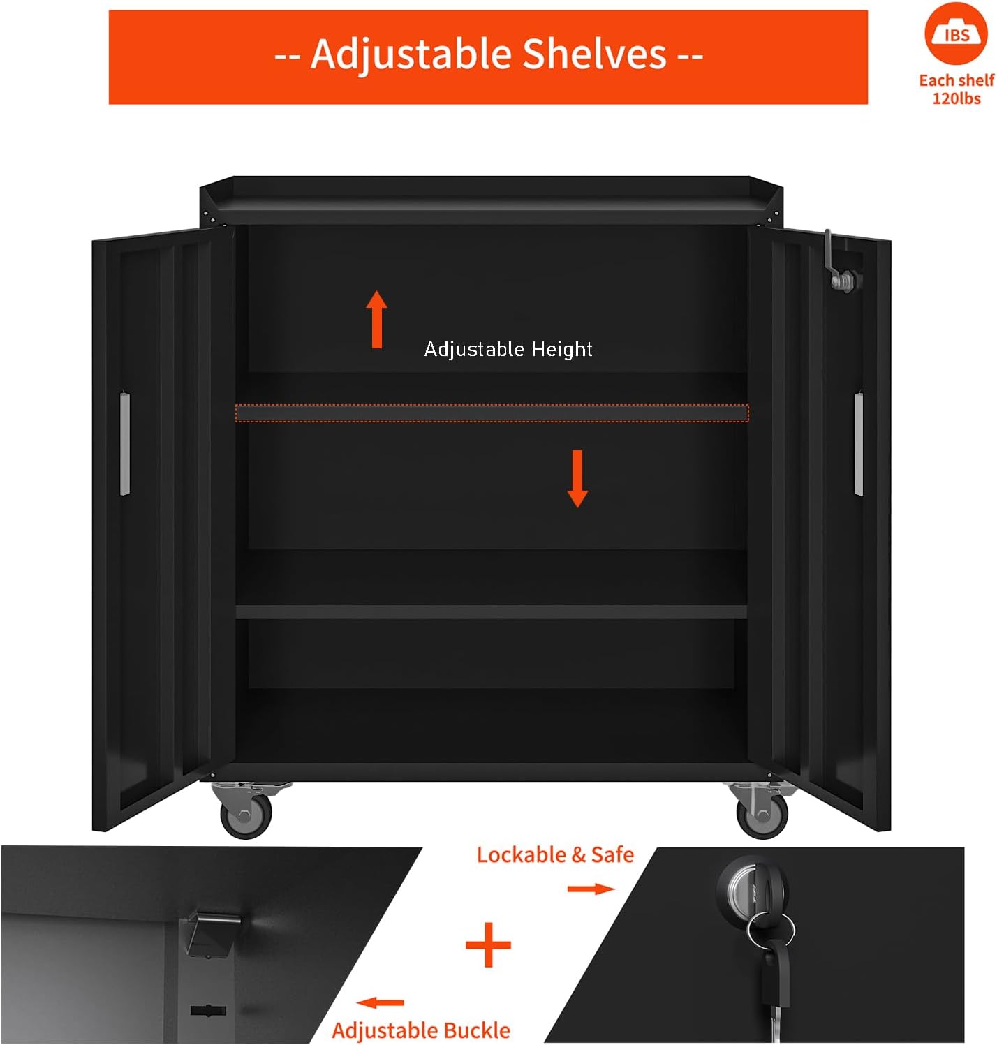Washsemba Metal Garage Storage Cabinet with Wheels ，Lockable Rolling Tool Chest on Wheels, Utility Cabinet for Home, Office, Garage and Workshop(Black)
