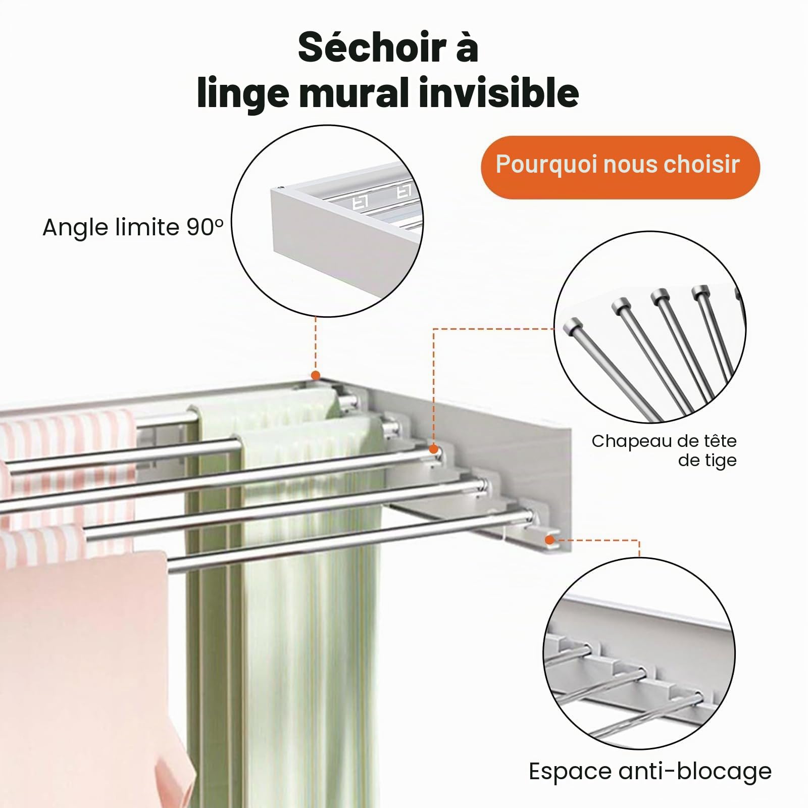 Séchoir à linge mural extensible - Charge maximale : 30 kg - Séchoir mural 80 x 40 x 10 cm - Pour l'intérieur ou l'extérieur - Peu encombrant - Design compact et fin - Blanc