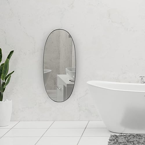 Miniatura 6 de Mirrona Espejo de pared con forma de pastilla, de 40 x 18 pulgadas, espejo decorativo con marco de metal redondeado para sala de estar, dormitorio,