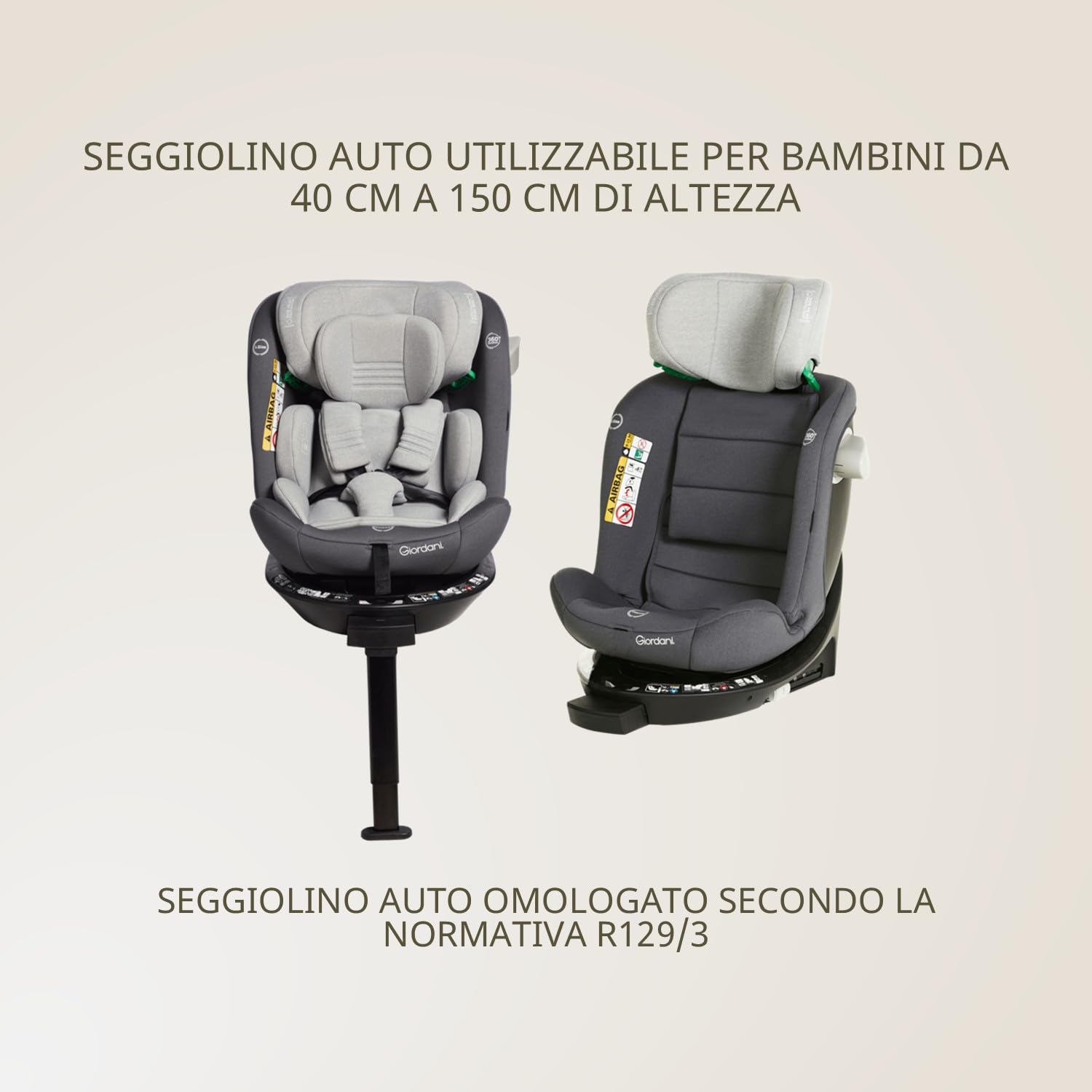 Giordani Crono Seggiolino Auto 40-150 cm i-Size, Base Girevole 360°, Connettori Isofix e Gamba di Supporto, 5 Posizioni dello schienale, Protezioni Laterali e Riduttore Neonato, Evolutivo 0-12 Anni