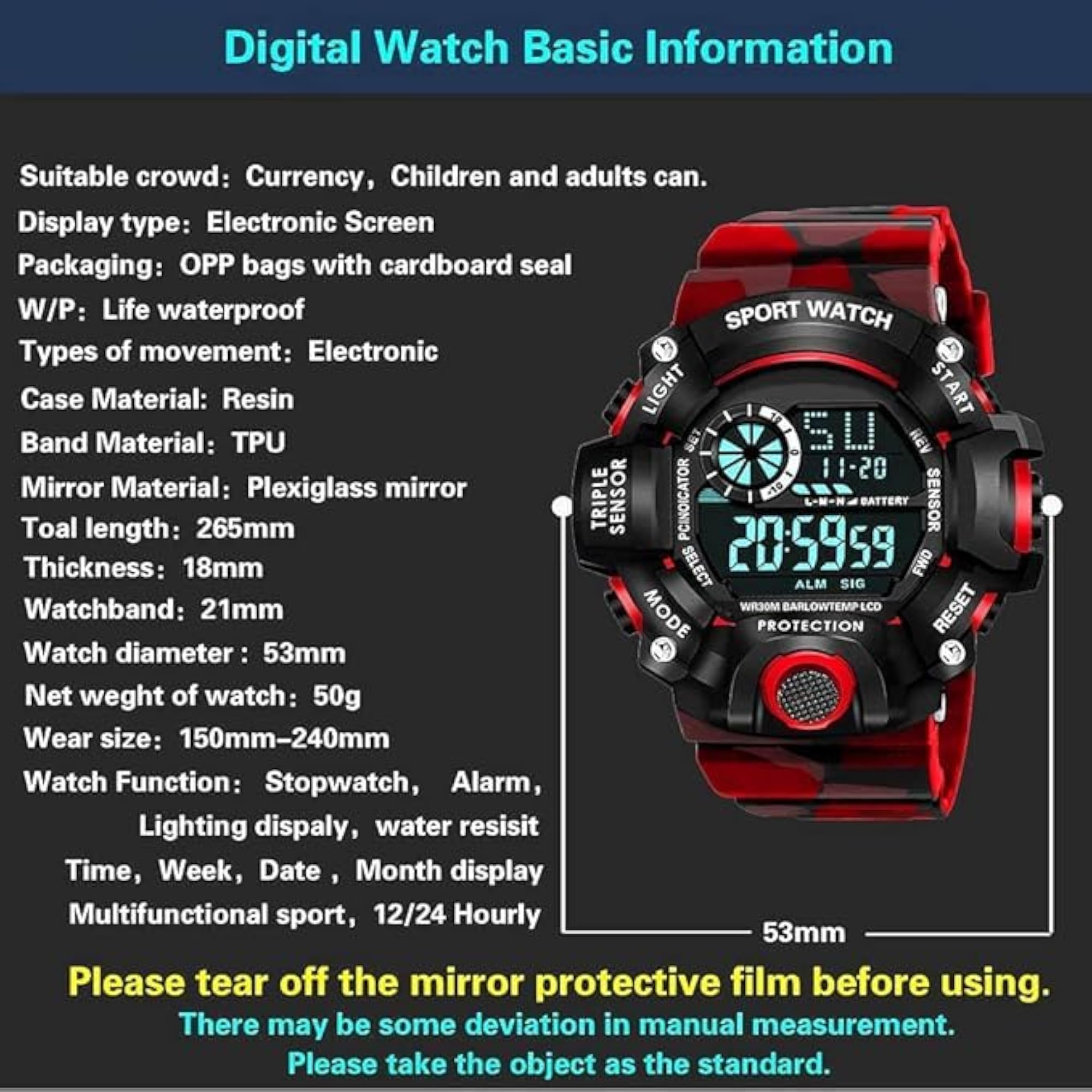 Digital Sports Watch for Boys, Red Camouflage Strap