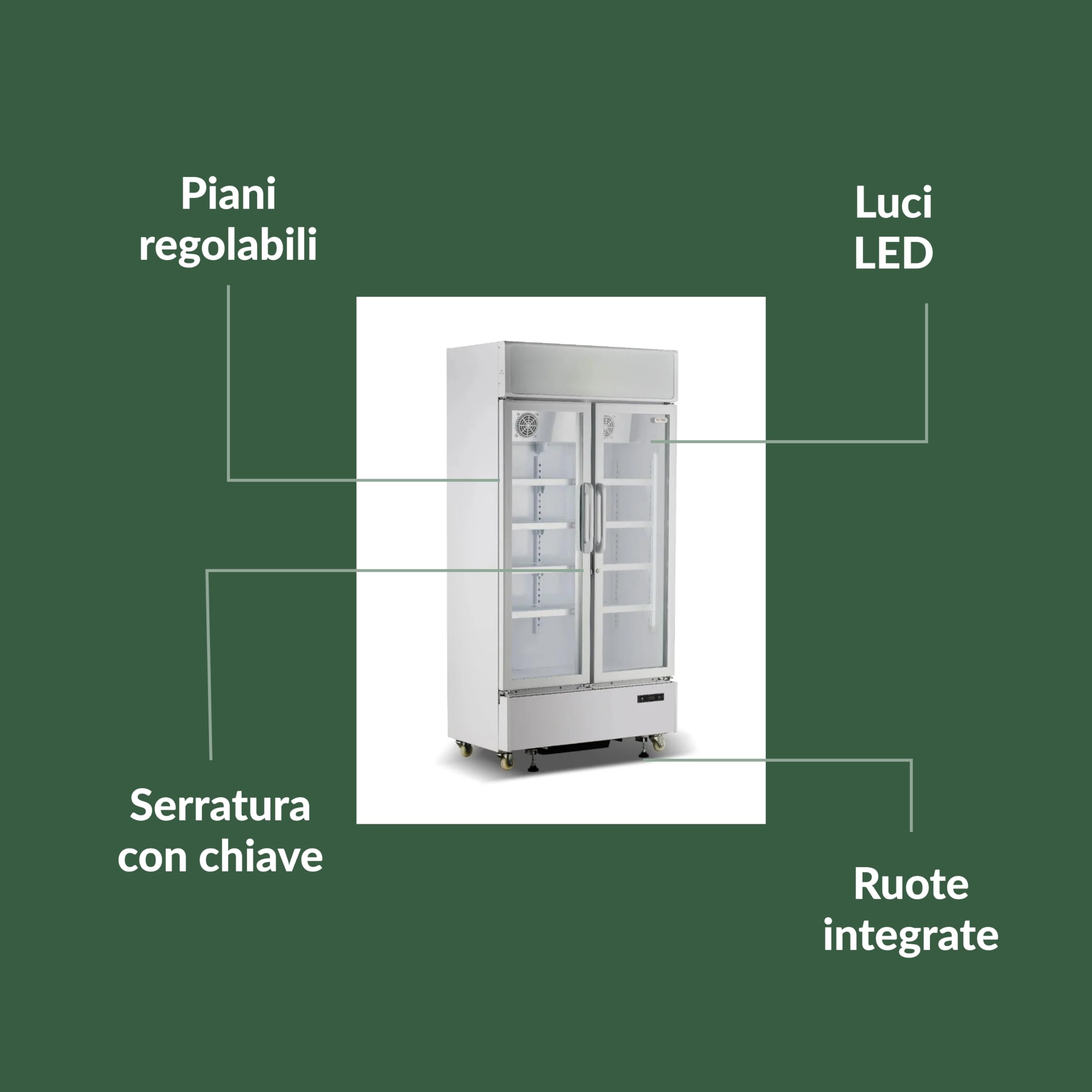 Ristoattrezzature Frigo Vetrina Bibite 2 Ante 600 lt - Bianca - 0/+10°C - LED e Serratura - 100x59x197h cm