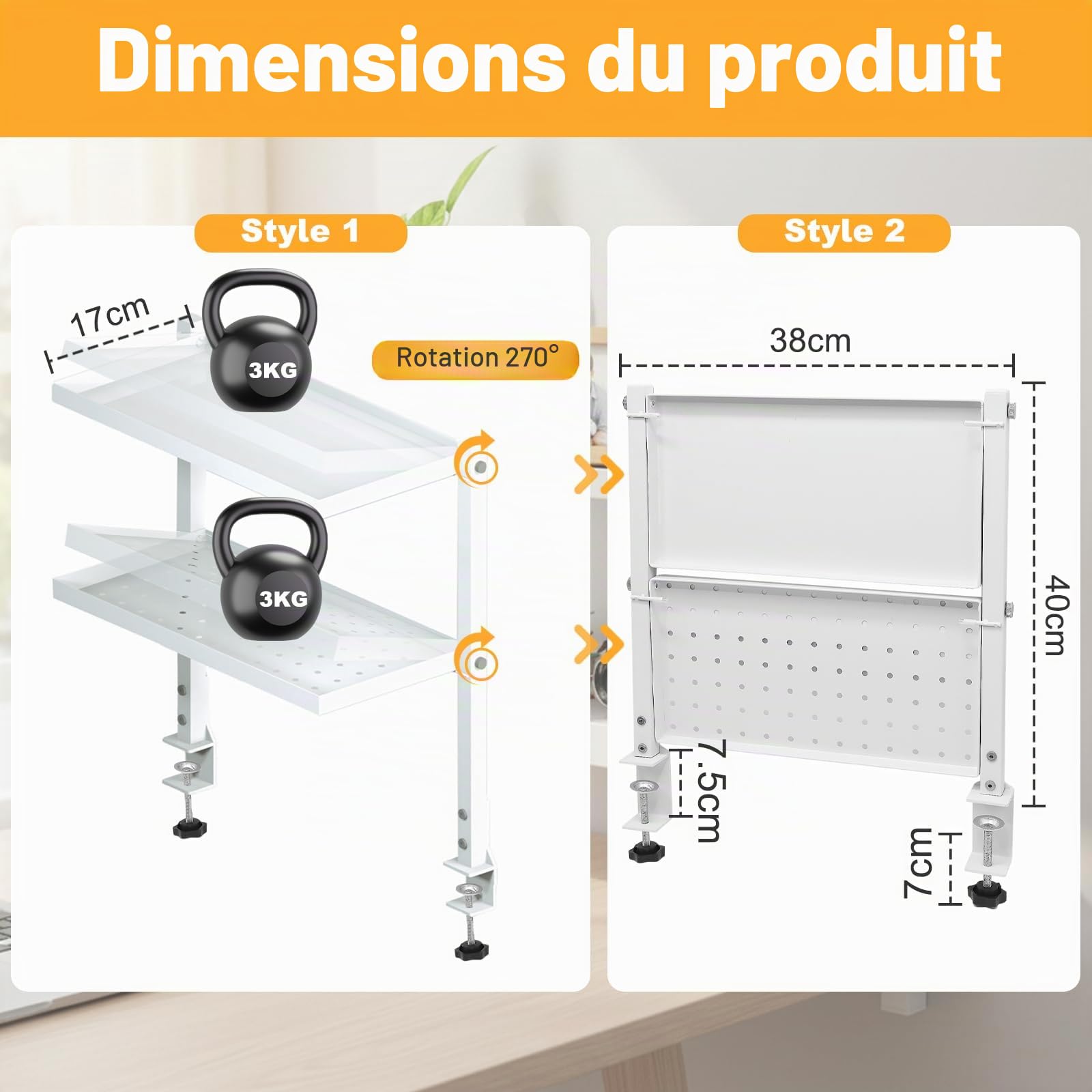 Cyiecw Clamp-on Étagère de Rangement à 2 Niveaux, Organisateur de Bureau 34 cm avec Panneau Perforé, Étagère Livre Pivotant à 270° pour la Maison, Le Bureau ou la Chambre D'étudiant, Blanc