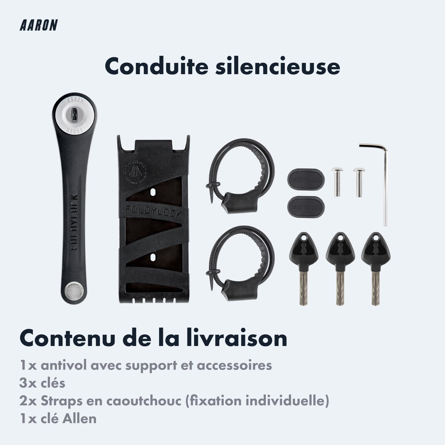 AARON Antivol Pliable - Sécurité Niveau 14, Haute Sécurité Breveté Avec Support - Léger Avec Clé Pour Vélos Électriques, de Course, Motos, VTT en Noir