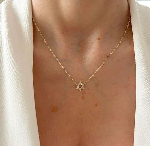 Miniatura 2 de LLWOM Collar de oro para mujer, collar de estrella de David con circonita cúbica chapada en oro de 14 quilates, collar contra el mal de ojo, collar