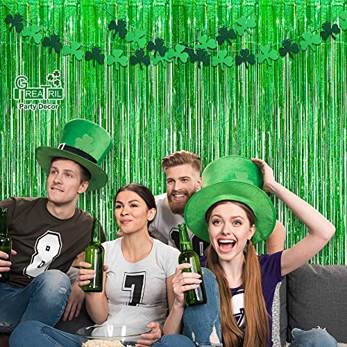Image of Green Tinsel Curtain Party Backdrop - GREATRIL Foil Fringe Streamers for St Patrick's Day /Luau /Turtle /Hawaiian /Dinosaur /Ghost /Football /Christmas Decorations 2 Packs