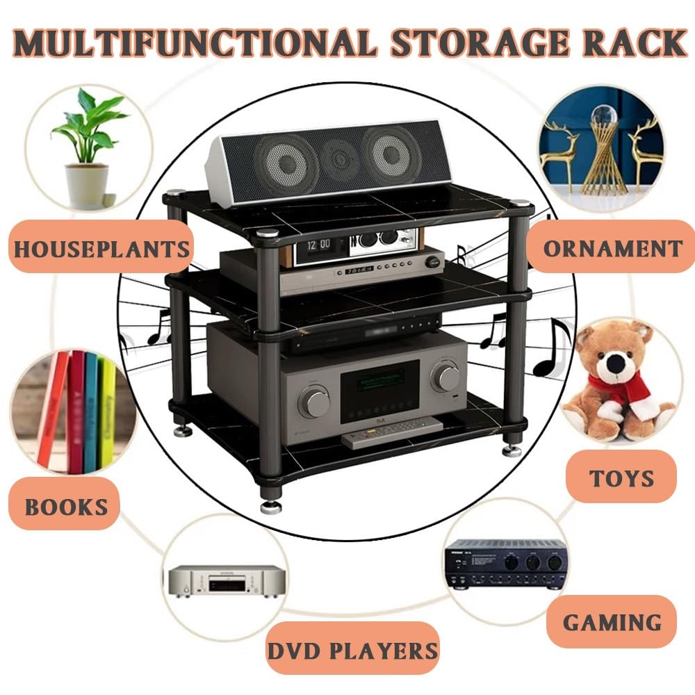 Supporto Multimediale AV Aperto A 3 Ripiani, Mobiletto Porta Componenti HiFi, Mobile Rack Ripiano AV Componenti Scaffale, Rack Porta CD, Mobiletto TV(Black,2-Tier (60x48x36cm))