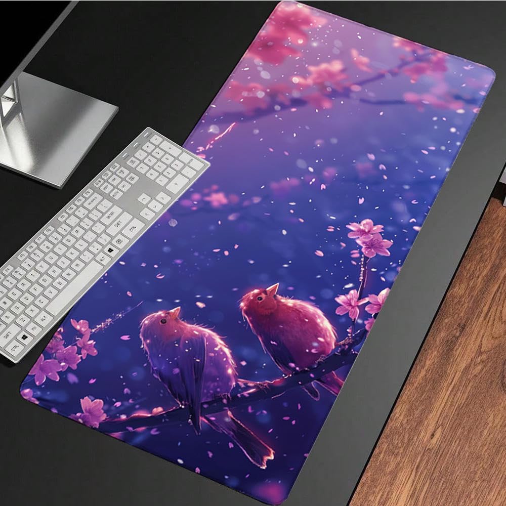 Różowa podkładka pod mysz XXL, podkładka na biurko, 1200 x 600 cm, szyte krawędzie, podkładka pod mysz, gumowa podstawa, ptak, podkładka pod mysz, stabilna przyczepność na gładkich