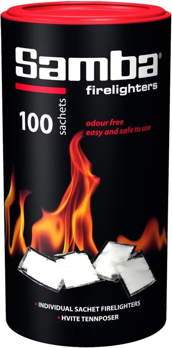 100 Samba Firestarters Firelighters Sachets - Odourless Burning & Easy to Light - For BBQs Barbecues Wood Burner Wood-Fired Ovens Stoves Fireplaces & Campfires - 1 Tube