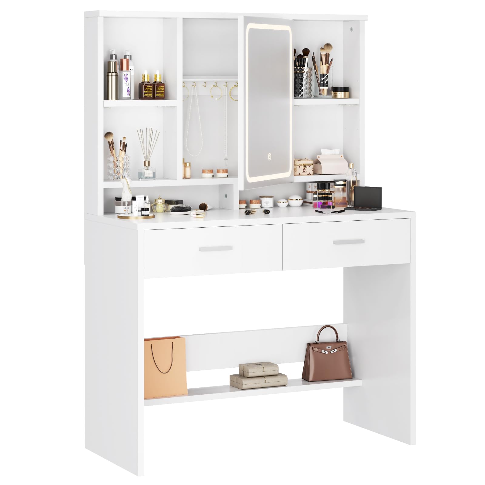 Airfish Coiffeuse avec Miroir LED, Luminosité Réglable, Rangement Derrière Le Miroir pour Bijoux, Table de Maquillage avec Étagère Réglable et 2 Tiroir, Meuble Coiffeuse Moderne pour Chambre (Blanc)