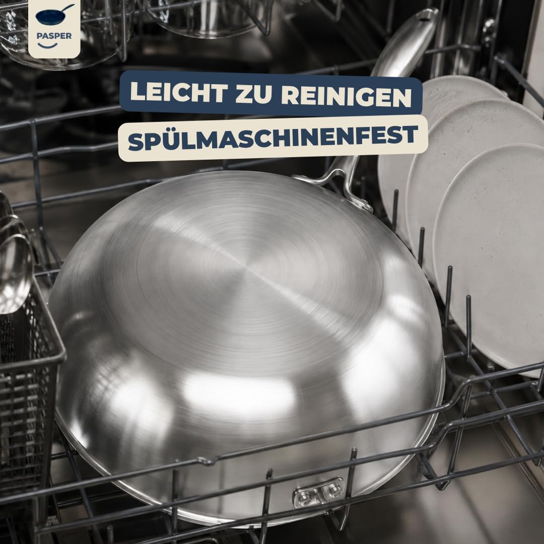 Pasper Patelnia wok Ø 28 cm – nie zawiera PFAS – indukcja, elektryczna, ceramiczna, gazowa i piekarnik – patelnia ze stali nierdzewnej z odporną na zarysowania powłoką zapobiegającą przywieraniu o