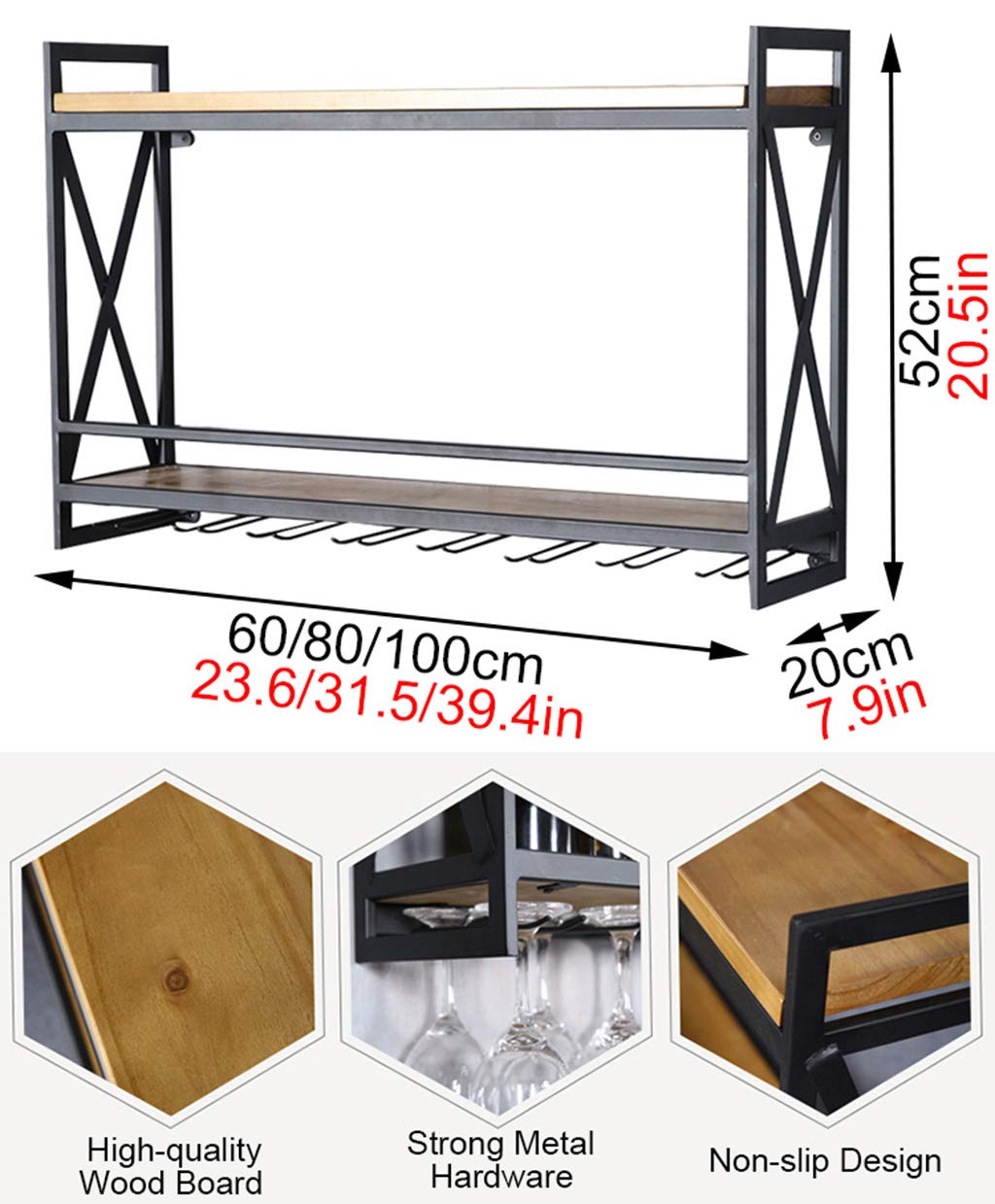 industriali Accessori sospesi in Metallo Nero Rustico sospeso a Parete, mensole in Legno a 2 Piani Rack di stoccaggio Decorazioni per la casa