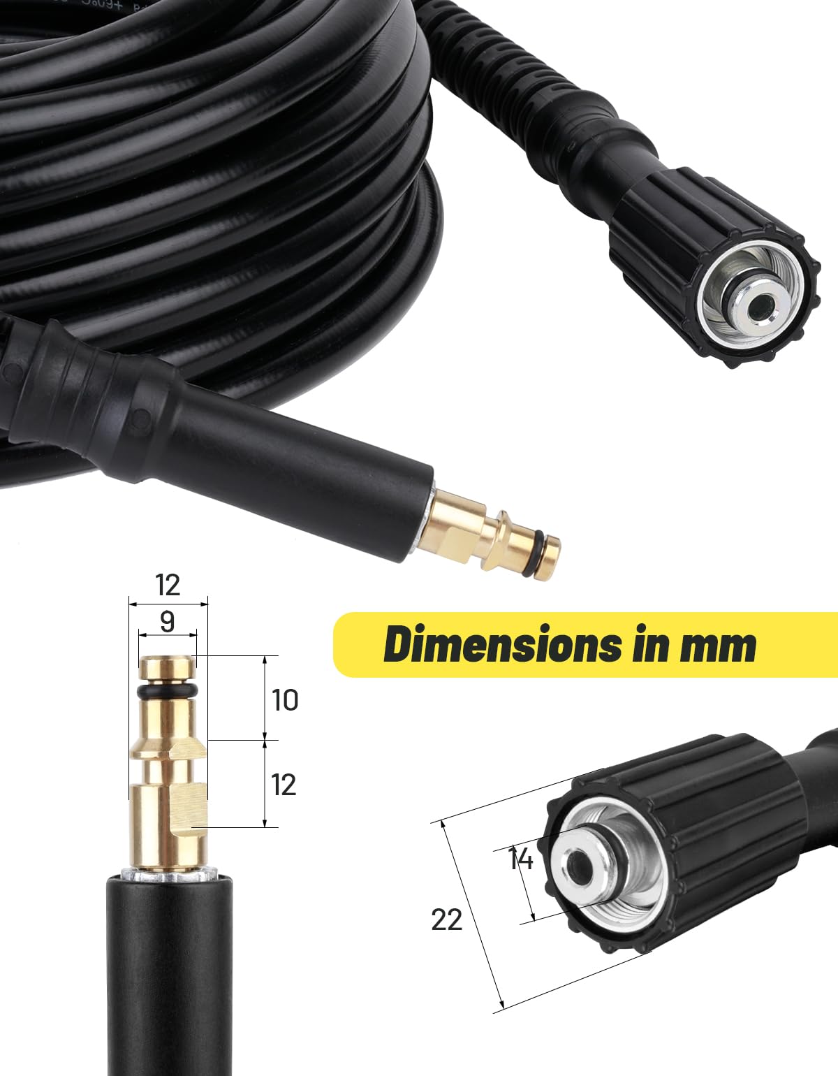 YUET Tubo di ricambio per idropulitrice ad alta pressione, 15 m, per rondelle Kärcher serie K Domestic K2, K3, K4, K5, K7, K2 vecchio modello, tappo a scatto M22 (14 mm), connettore rapido, prolunga