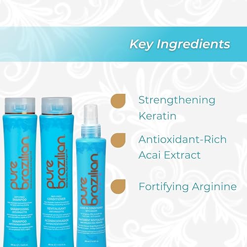 Miniatura 3 de Pure Brazilian Kit esencial diario de 3 piezas: champú antiencrespamiento, acondicionador y acondicionador milagroso sin enjuague con queratina,