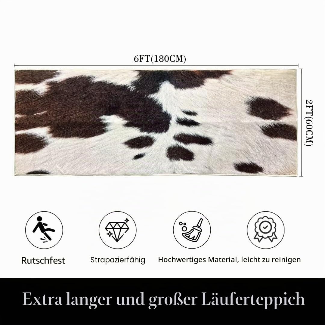 Kuhfell-Teppich für Schlafzimmer, Westernteppich, Schwarz und Braun, Läufer, 5 x 15 cm, Landhaus-Stil, Vintage, Überwurf, Akzent, Teppich, rutschfest, waschbar, Bodenteppich für Eingangsbereich, Flur,