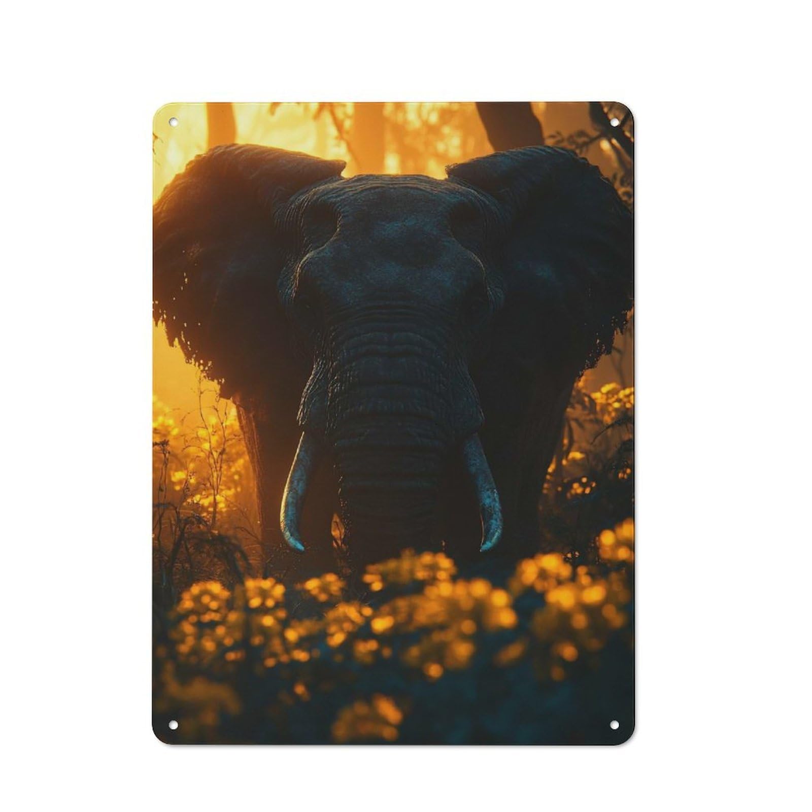 Junmoney Style-8 Tin Wall Plaque 40X30cm With Elephant In Golden Light For Hallway Wall, A Decorative Metal Sign For Hallways And Entrance Areas
