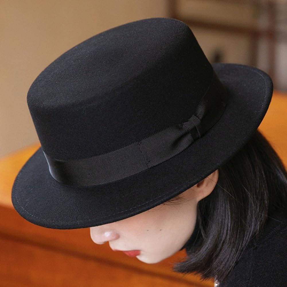 Black Flat Top Fedora Hat Classic Wide Brim Panama Hat with Bow Belt Adjustable Felt Vintage Jazz Hats for Man Women Party Performance Props and Daily Use - Image 4