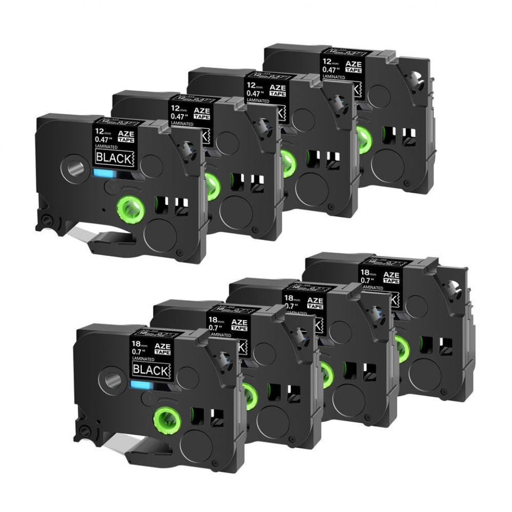 Lot de 8 rubans d'étiquettes compatibles avec TZE 335 TZ 345 325 355 12 mm 18 mm Blanc sur noir Fonctionne avec imprimantes d'étiquettes H100 E500 350 (12 et 18 mm)