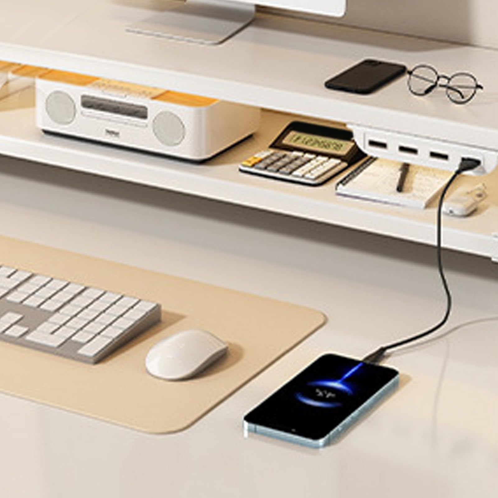 Supporto per display da tavolo con cassetto Prese CA e hub per porta USB Stazione di ricarica multifunzionale Supporto per laptop in legno Organizzatore per monitor per l'home (Bianca)