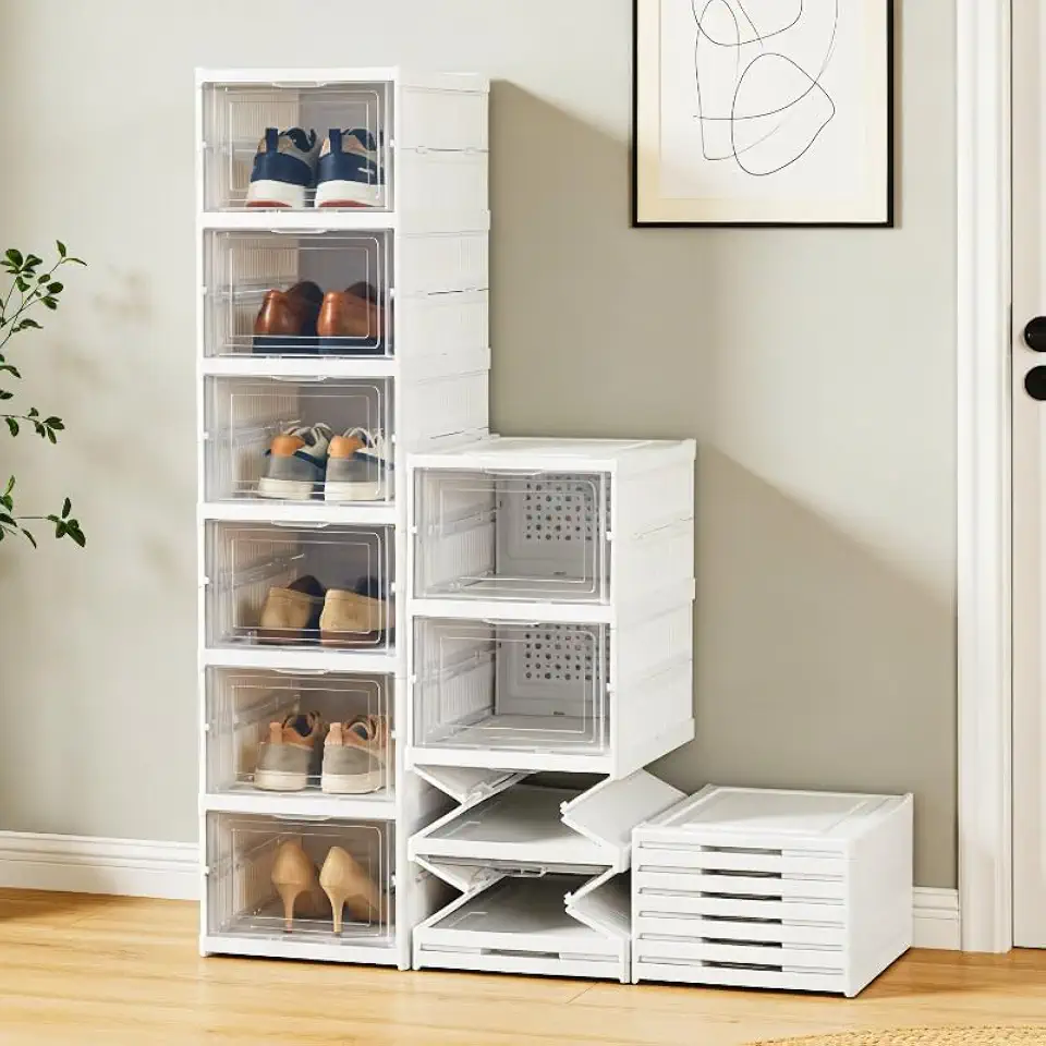 Armário Para Sapatos Sem Montagem, Caixa Organizadora Transparente Para Sapatos Com Abertura Frontal, 6 Unidades Dobráveis e Empilháveis, Ideal Para Roupeiros e Entradas