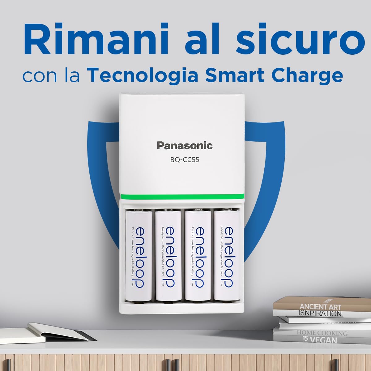 eneloop Caricabatterie SmartPlus per Batterie AA/AAA Ni-MH, Include 4 Batterie AA 2000mAh, Ricarica Rapida 1,5 Ore, con LED e 10 Funzioni di Sicurezza