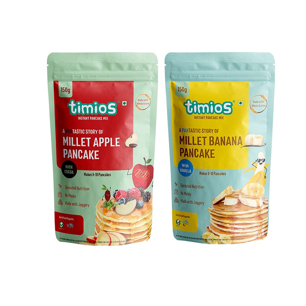Timios Organic No Maida Millet Pancake Mix-Apple& Banana Combo(Pack of 2) |Made with Whole Grains, Jaggery and Sprouted Nutrition| Instant and Healthy Breakfast,300gm (B095K9Z63L) Amazon Price History, Amazon Price Tracker